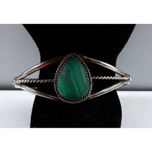 Vintage Sterling Silver Malachite Cuff Bracelet Split Shank Twisted Wire 12.26g